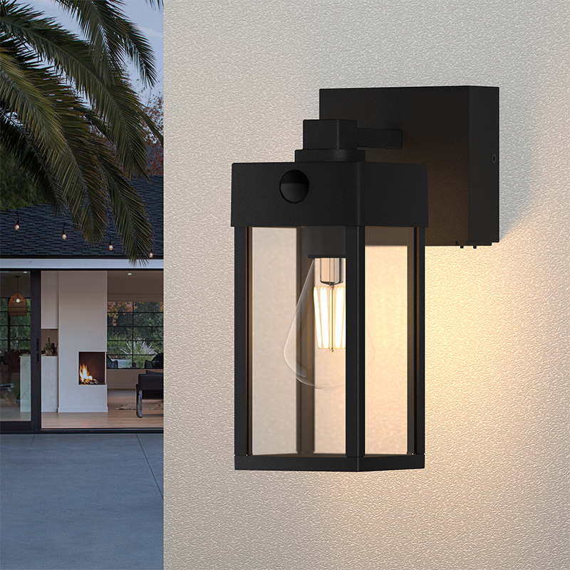 Luz de porche de atardecer a amanecer con salida GFCI – Aplique de pared para exteriores resistente a la intemperie de 20 A, enchufes E26 dobles de 1850 W + salida hacia abajo, aluminio inoxidable para patio/garaje + 2 bombillas LED gratis